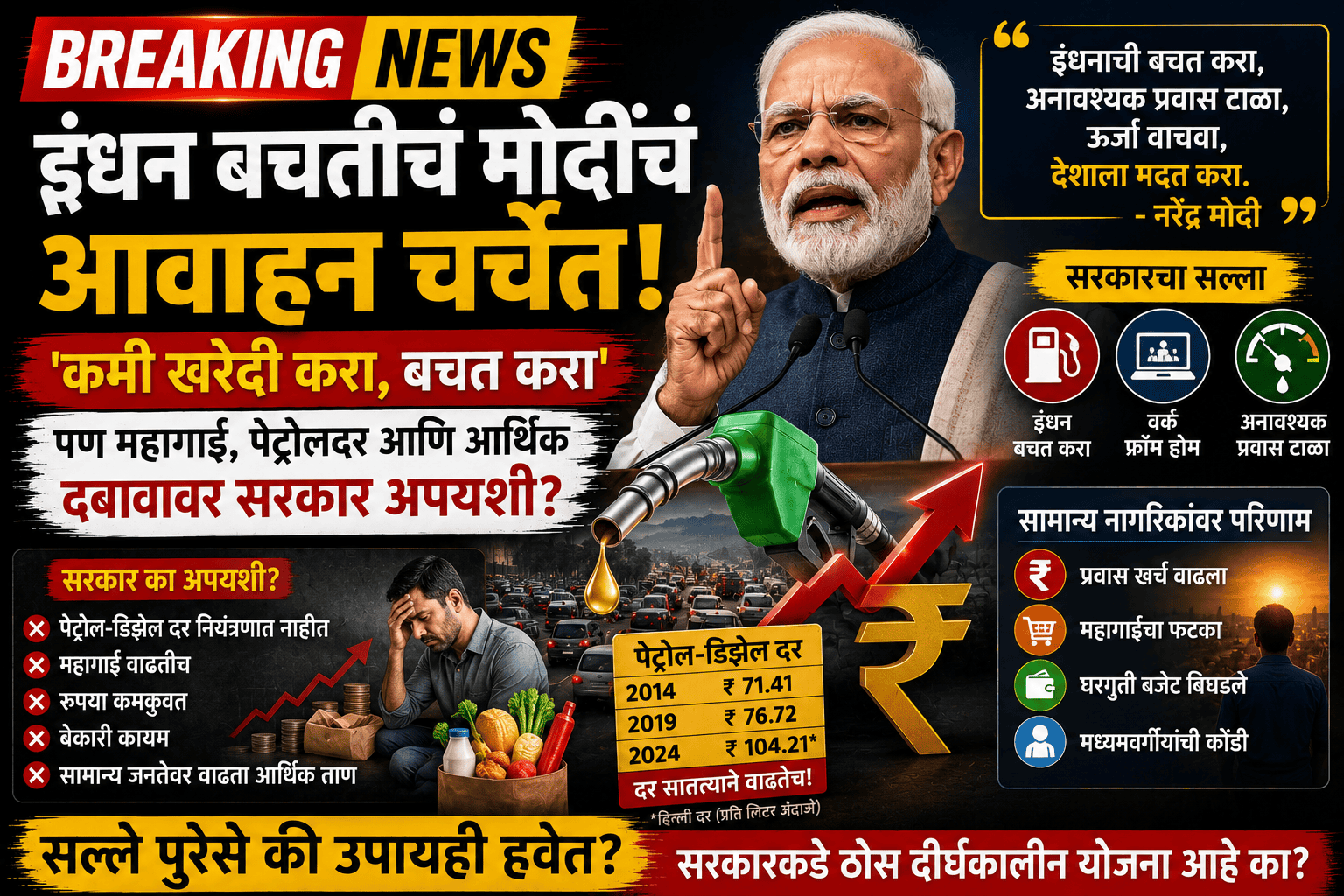 Breaking News India | इंधन बचतीचं मोदींचं आवाहन चर्चेत; वाढते तेलदर, WFH सल्ला आणि अर्थव्यवस्थेवरील प्रश्न पुन्हा ऐरणीवर
