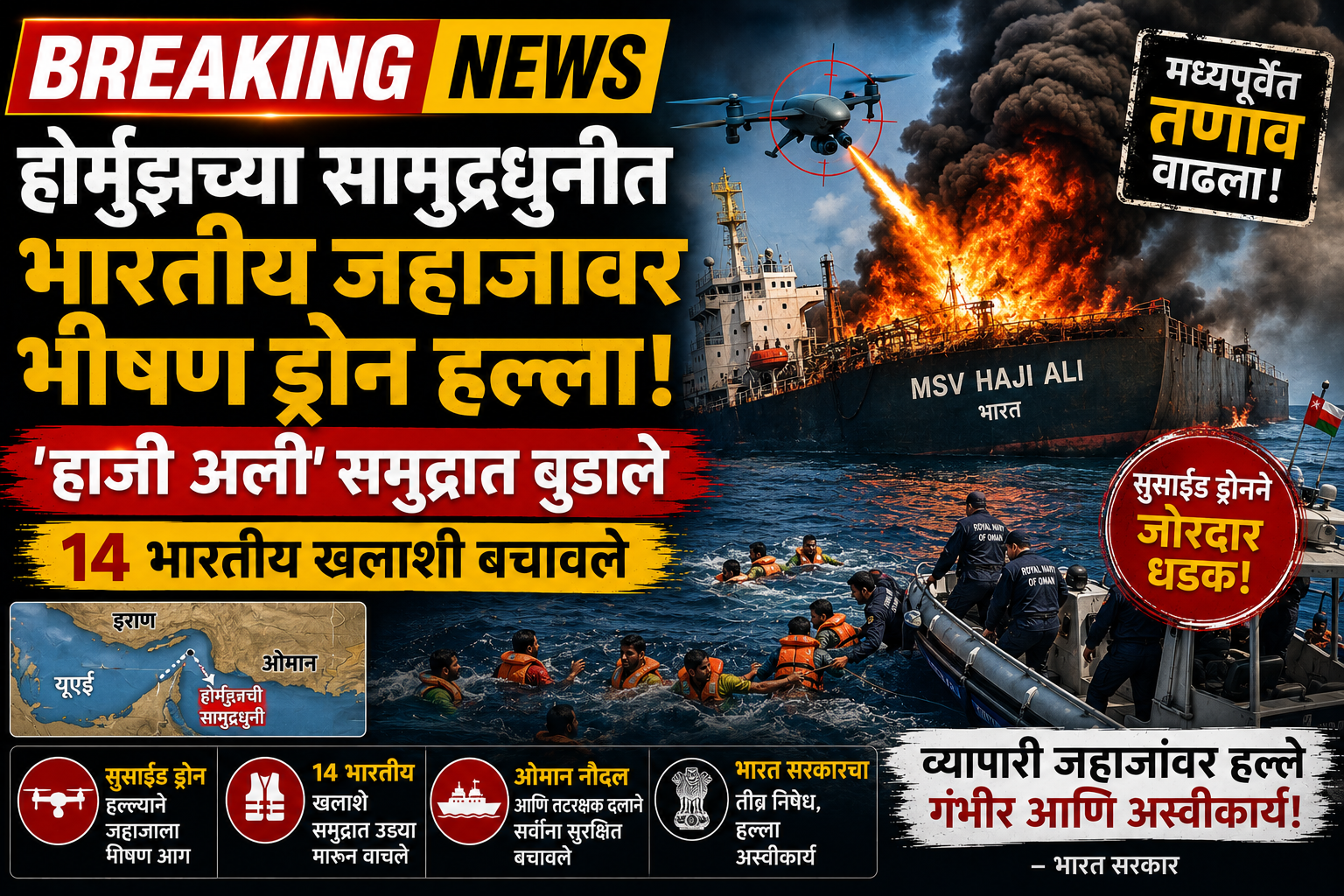 Breaking News World | होर्मुझच्या सामुद्रधुनीत भारतीय जहाजावर भीषण ड्रोन हल्ला; ‘हाजी अली’ समुद्रात बुडाले, १४ भारतीय खलाशी बचावले
