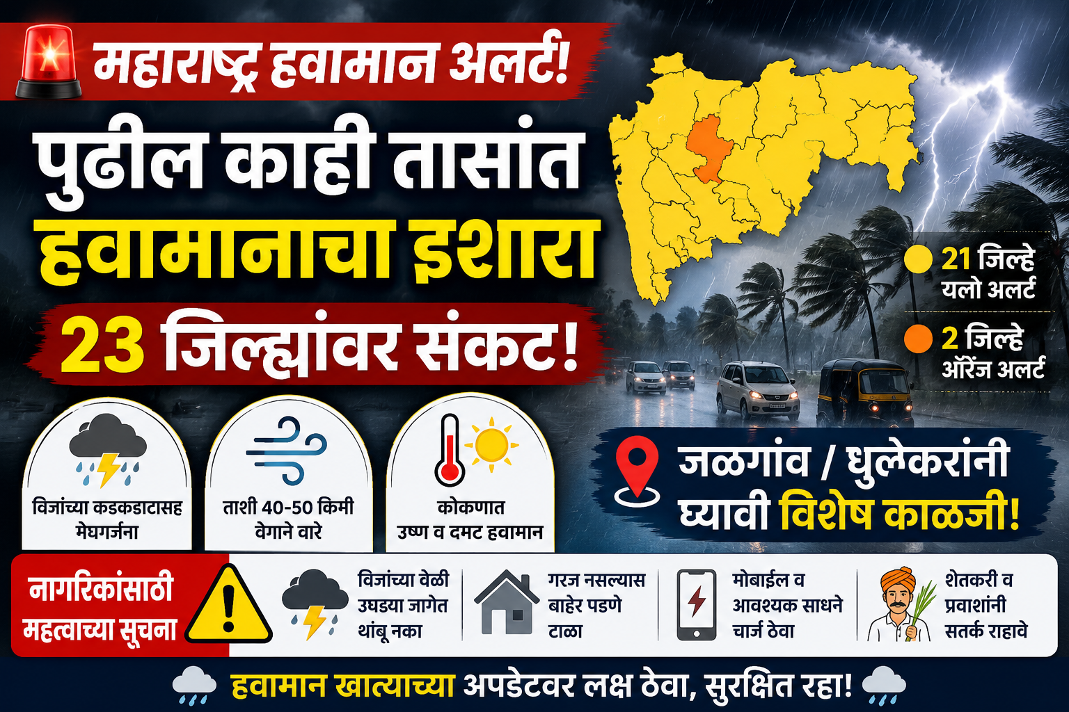 महाराष्ट्र हवामान अलर्ट: पुढील काही तासांत २३ जिल्ह्यांवर परिणाम; जळगाव-धुळेकरांनी घ्यावी विशेष काळजी