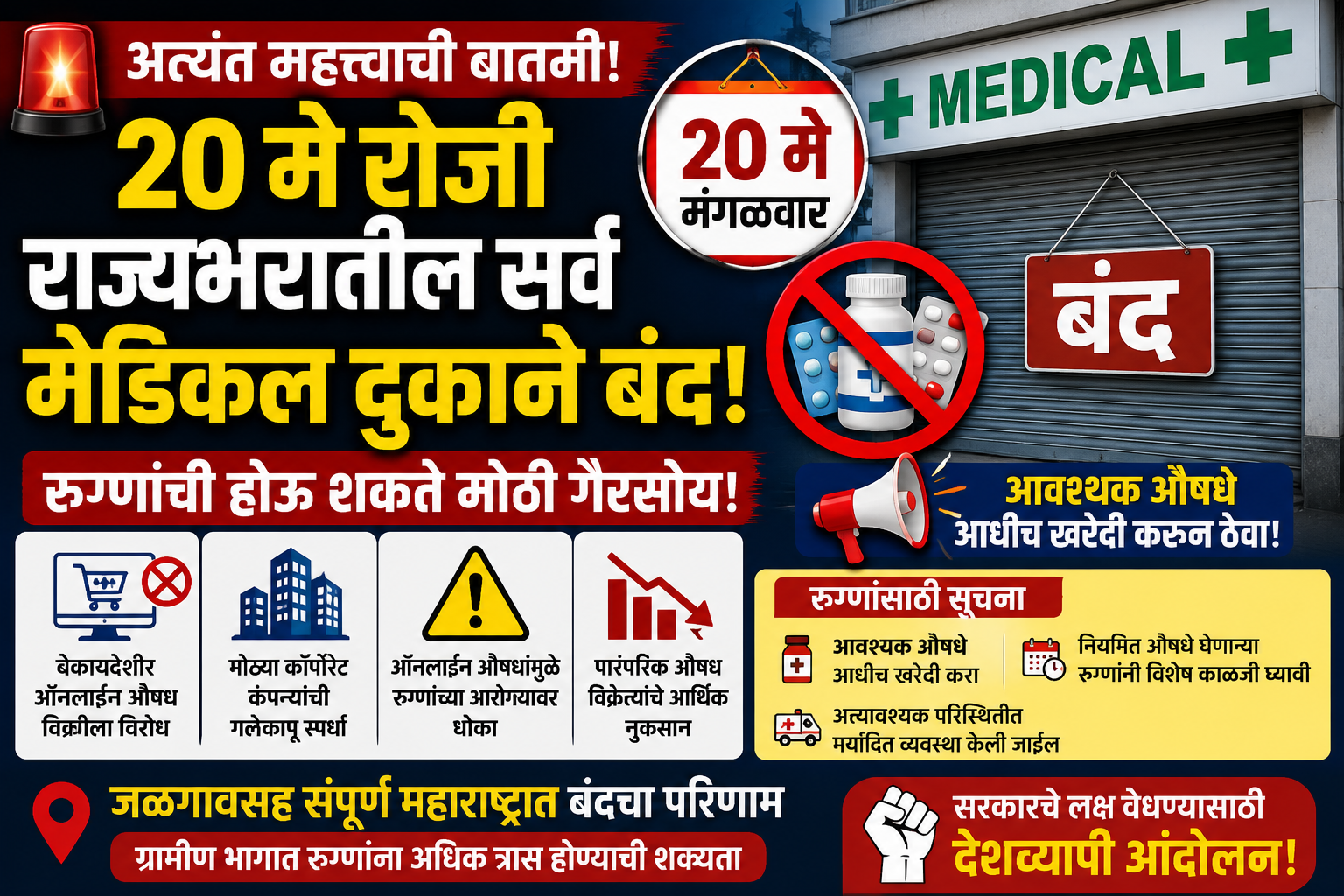 २० मे रोजी मेडिकल बंद: महाराष्ट्रात औषध सेवा ठप्प? रुग्णांनी आधीच तयारी करावी