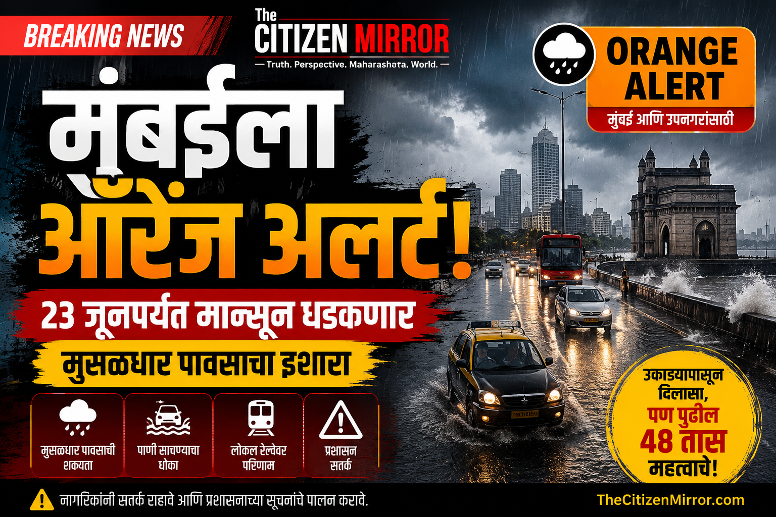 मुंबईला ऑरेंज अलर्ट! उद्या  मान्सून धडकणार; मुसळधार पावसाचा इशारा