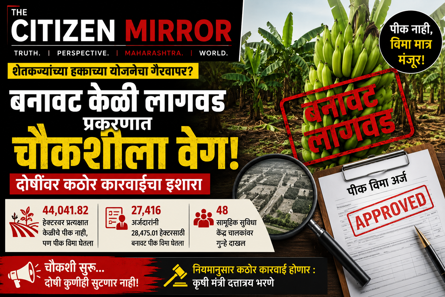केळी पीक विमा घोटाळ्यावर मोठा खुलासा! ४४ हजार हेक्टरवर पीकच नव्हते; चौकशीला वेग, दोषींवर कठोर कारवाईचा इशारा
