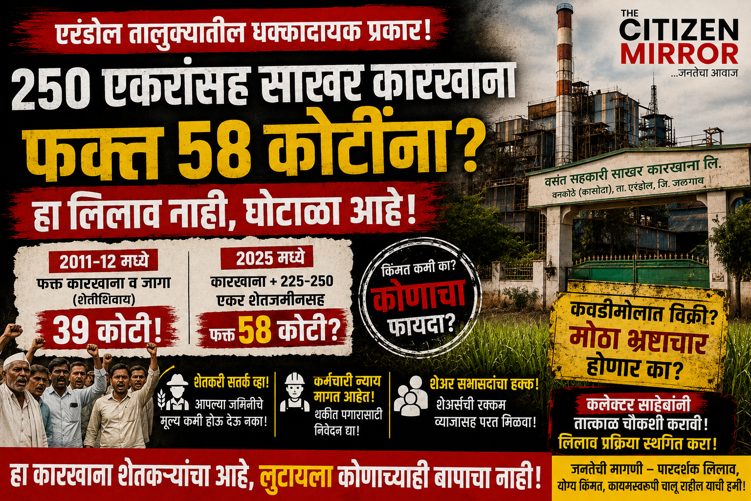 २५० एकरांसह साखर कारखाना फक्त ५८ कोटींना?; वसंत कारखान्याच्या लिलावावर ‘महाघोटाळ्याची’ चाहूल, शेतकरी-सभासद संतप्त