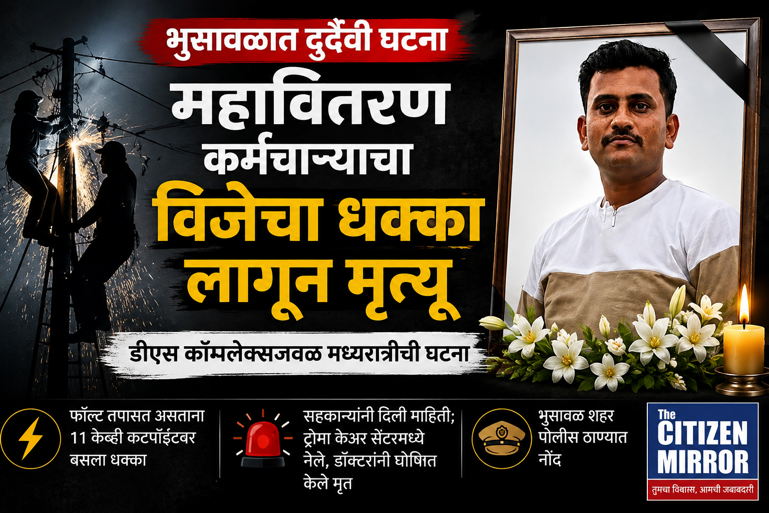 भुसावळात महावितरण कर्मचाऱ्याचा विजेचा धक्का लागून दुर्दैवी मृत्यू; डीएस कॉम्प्लेक्सजवळ मध्यरात्रीची घटना