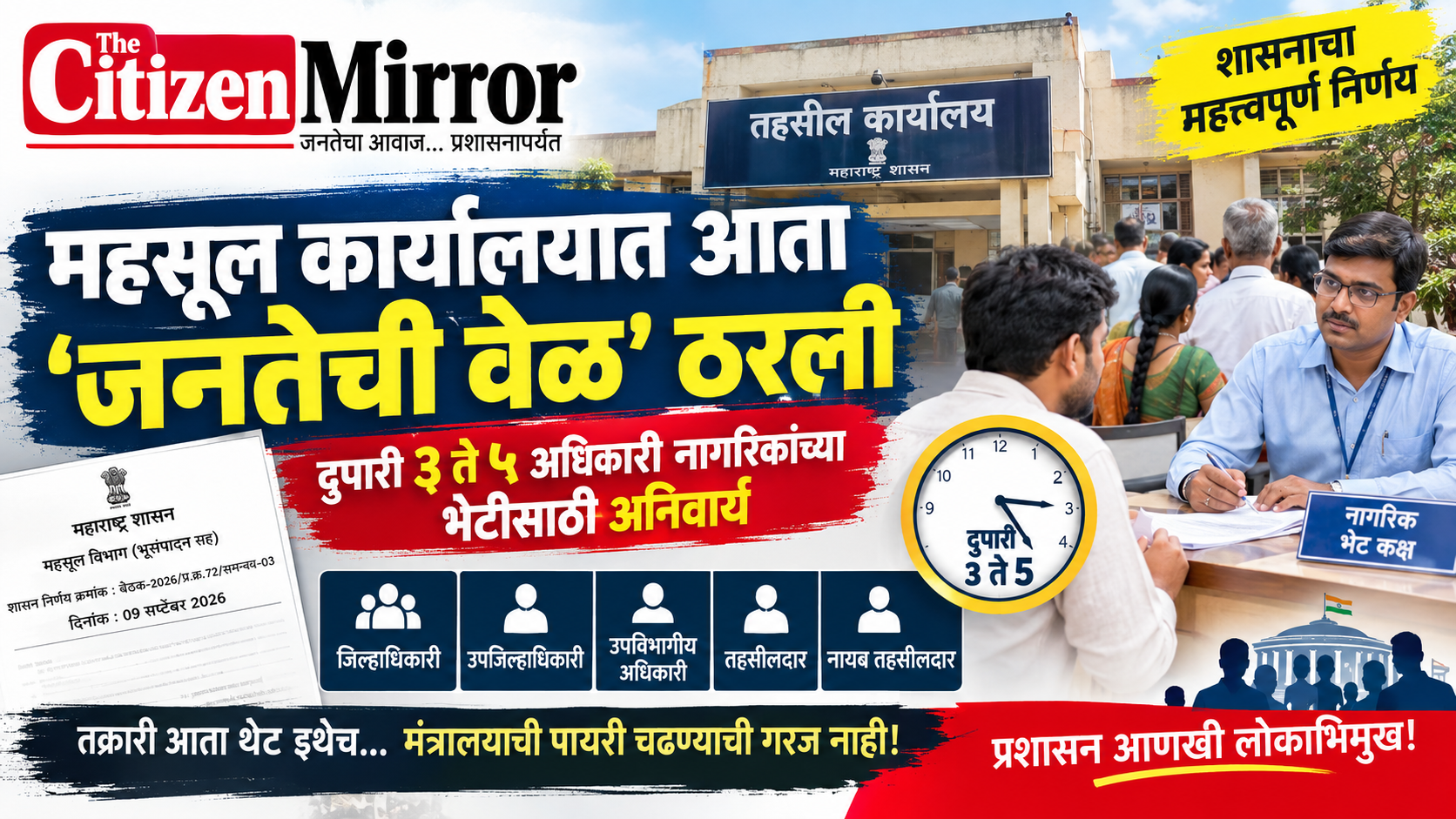 महसूल कार्यालयात आता ‘जनतेची वेळ’ ठरली; दुपारी ३ ते ५ अधिकारी नागरिकांच्या भेटीसाठी अनिवार्य